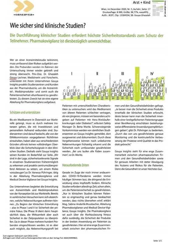Article clipping "Wie sicher sind Klinische Studien?" (How safe are clinical studies?) December 2020