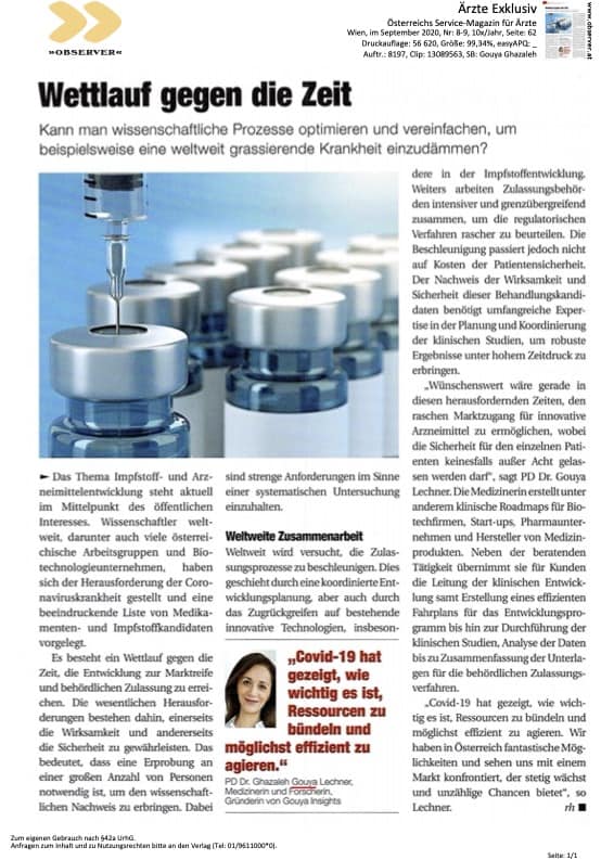 Article clipping "Wettlauf gegen die Zeit" (Can scientific processes be optimized and simplified, for example in order to contain a disease that is rampant around the world?) published September 2020