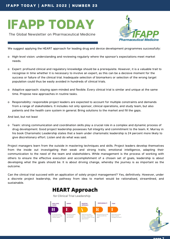 IFAPP Today newsletter clipping, April 2022 Number 23 about the HEART approach for leading drug development
